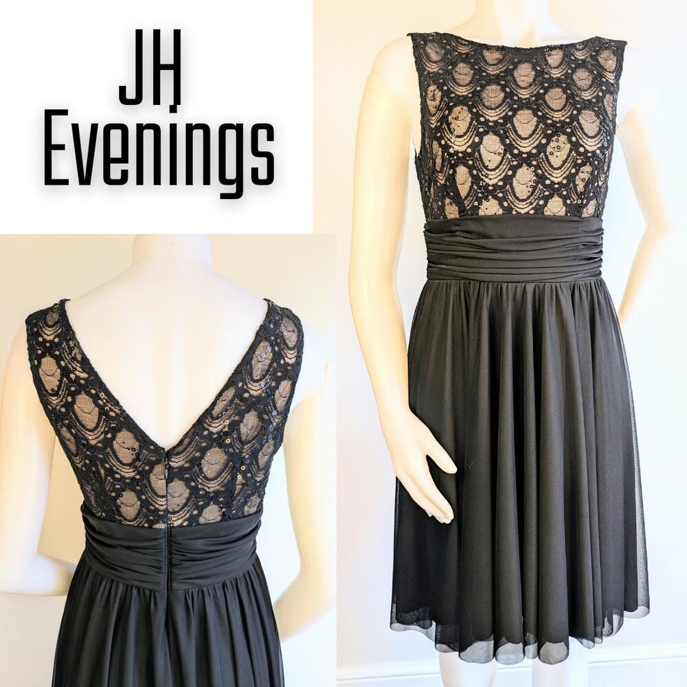 JH Evenings Party Dress 6 Black Sequin & Chiffon Lace Sleeveless Ruched Waist